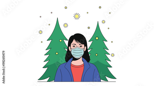 Woman wearing a medical face mask in front of pine trees representing pollen allergy and hay fever protection.