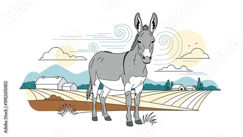Gray donkey standing in a rural farm field with clouds mountains and abstract swirls under a bright sun.
