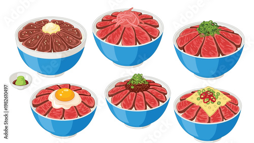 Collection of six different beef donburi bowls with various toppings like egg green onions and ginger in blue bowls.