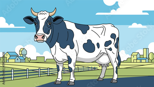 Black and white spotted dairy cow standing in a green pasture with a farm village and blue sky in the background scenery.