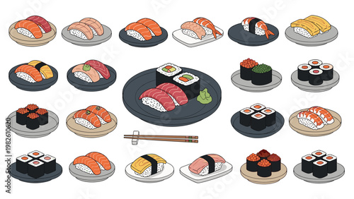 Large assortment of various Japanese sushi types including nigiri and maki rolls served on different colored plates with chopsticks.