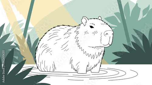 Large capybara standing in the water with a background of lush green tropical jungle plants and soft sunlight filtering through.