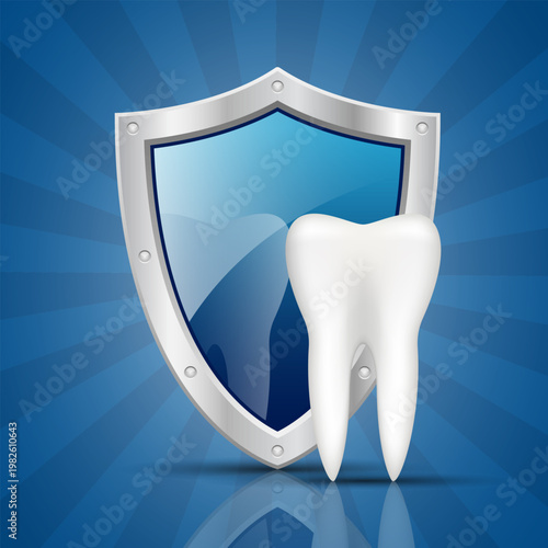 Tooth Protection: A shiny, healthy tooth stands beside a protective shield.