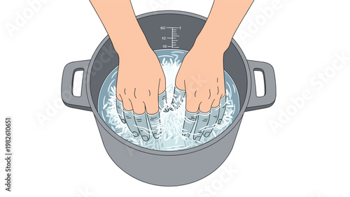 Top view of hands washing raw white rice in a large pot of water as part of the traditional cooking preparation process.