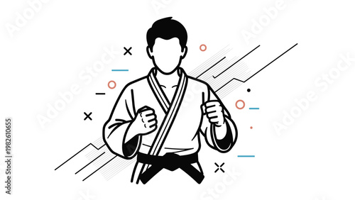 Line art illustration of a man in a martial arts uniform and black belt standing in a defensive pose with fists clenched tightly.