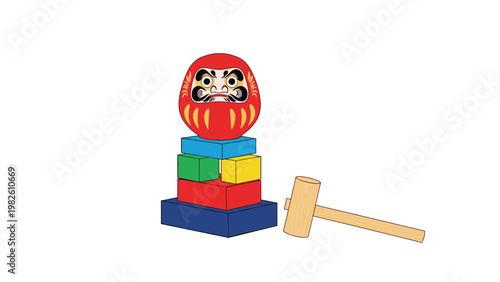 Traditional Japanese Daruma doll resting on a stack of colorful blocks with a wooden hammer nearby in a game of chance or skill.