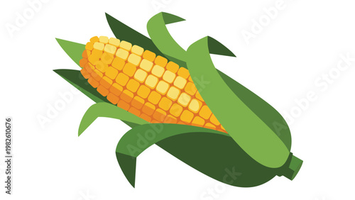 Ripe yellow corn on the cob with green husks partially opened to show the golden kernels in a fresh garden vegetable illustration.