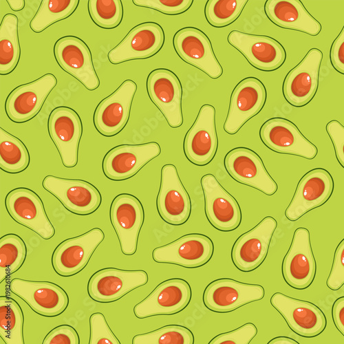 Seamless avocado pattern on green background featuring halved fruit design.