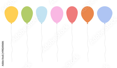 A row of seven colorful celebration balloons on a white background.
