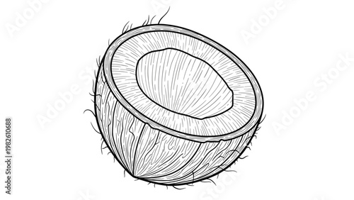 Detailed black and white engraving style illustration of half a coconut showing the inner white meat and brown hairy shell for food design.