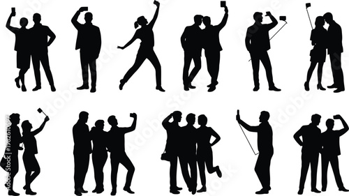 Silhouettes of people taking selfies with phones and selfie sticks