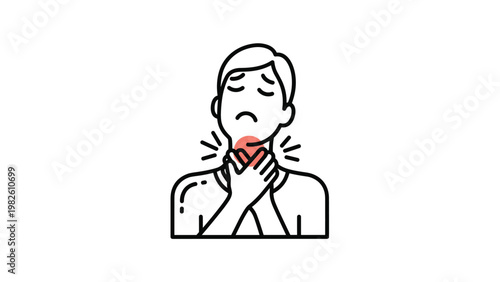 Minimalist illustration of person suffering from sore throat with red circular area indicating inflammation and pain in neck and throat region.