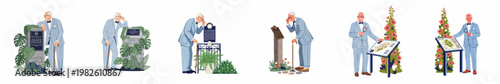 Set of illustrations of a dapper elderly gentleman exploring historical sites and botanical gardens, reading information plaques and studying maps with a magnifying glass.