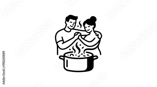 Couple Cooking Together with Steam Rising from Pot