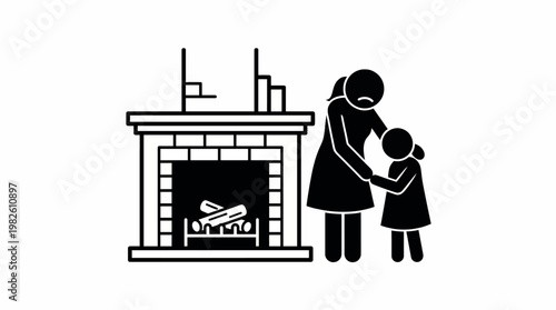Mother Comforting Child by Fireplace