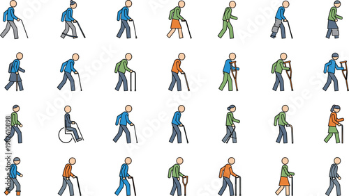 Senior People Walking with Cane and Mobility Aids Icon Set Featuring Elderly Characters, Different Poses, Walking Styles, and Assistive Devices in Flat Design.