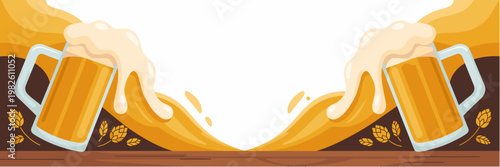 Symmetrical Beer Glasses Banner with Foam Splash, Oktoberfest Celebration Background for Bar Promotion