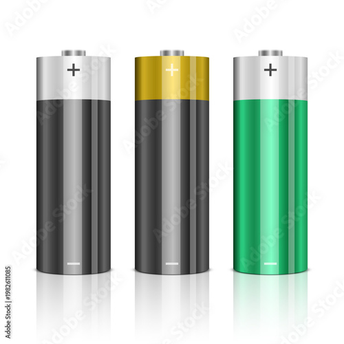 Three batteries with distinct colors, silver, gold, and green standing upright.