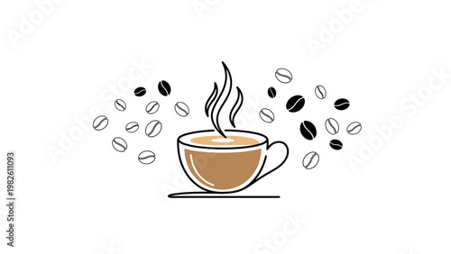 Simple illustration of a steaming cup of coffee with coffee beans scattered around on a plain white background.