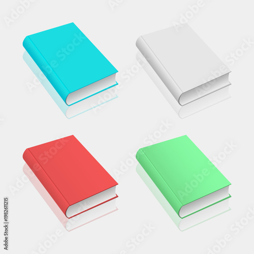 Isometric colorful books set on soft grey background with drop shadows.