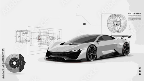 Detailed technical drawing of a sleek sports car with diagrams of its wheel and brake on a clean white background.