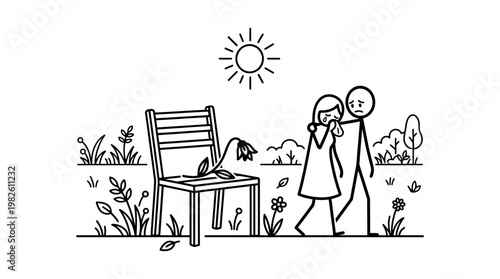 Sad Couple Walking Away from a Fallen Flower on a Chair