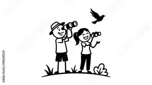 Kids Birdwatching with Binoculars Catching Sight of Flying Bird