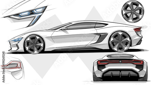 Detailed technical drawing of a sleek, modern sports car with side and rear views, showcasing design elements on a white background.