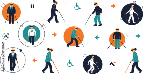 Visually Impaired People Walking with Cane Icon Set Featuring Blind Characters, Navigation Assistance, Accessibility Symbols, and Mobility Support in Flat Vector Design.