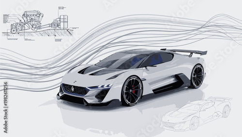 High-angle view of a sleek silver sports car with black accents and a large wing, set against a white background with technical drawings and wavy lines.