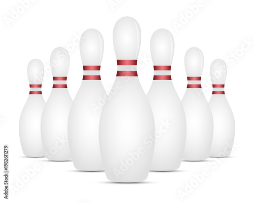 Seven bowling pins stand ready for action on a pristine white surface.