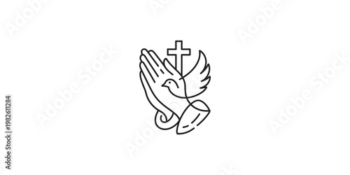 Line drawing of a dove flying out of cupped hands with a cross hand