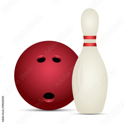 A red bowling ball and a white pin stand side by side on a white surface.