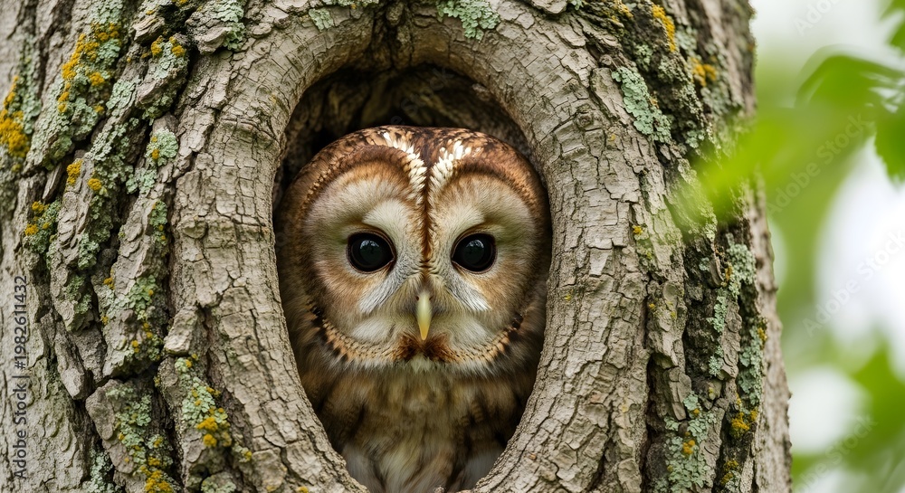 Obraz premium An owl peeks out from a tree cavity in the forest surrounded by leaves.