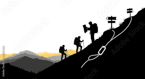 Silhouettes of hikers navigating mountain path with gear and directional signs