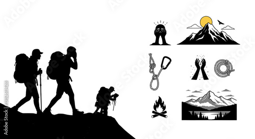 Silhouettes of hikers exploring outdoors with mountain and nature related icons
