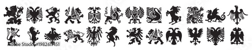 Set of silhouettes with heraldic motifs in black.