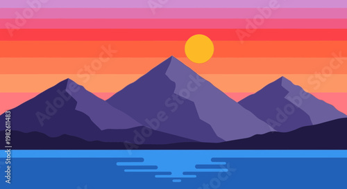 Stylized sunset landscape with mountains lake and vibrant colors vector illustration