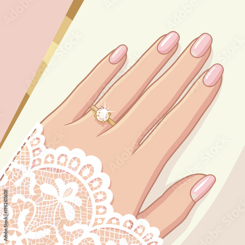 Close-up of elegant female hand with engagement ring and nails