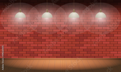 Interior brick wall with modern pendant lighting and wood floor backdrop.