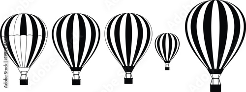 Black and white striped hot air balloons collection with silhouette style flying balloons isolated on transparent background vintage travel vector illustration