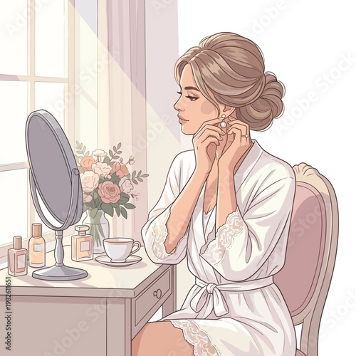 Elegant woman putting on pearl earring in morning light