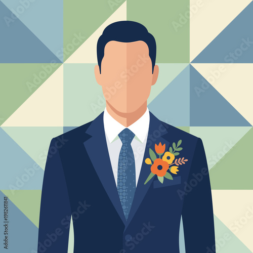 Man in navy blue suit with floral boutonniere, vector art