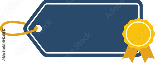 A blue tag with a yellow ribbon and a hole for a string is shown.