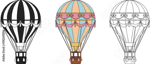 Hot air balloons vector set with black silhouette colorful decorative and outline styles isolated on transparent background vintage travel illustration