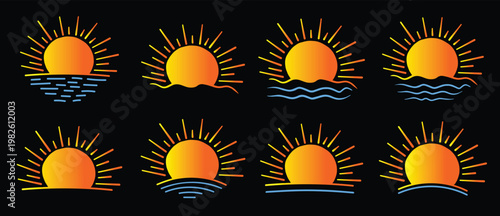 Set of hand drawn rising sunset sunrise sun icon summer 