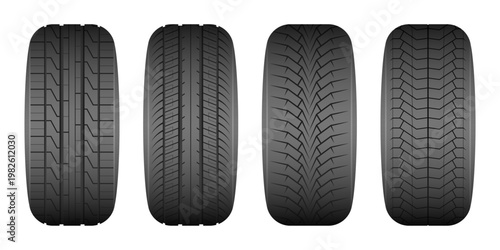 Four tires featuring different tread patterns, designed for diverse conditions.