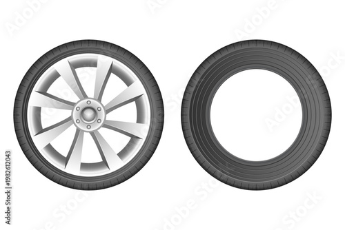 Illustrative depiction showcases a car wheel and a bare tire against white