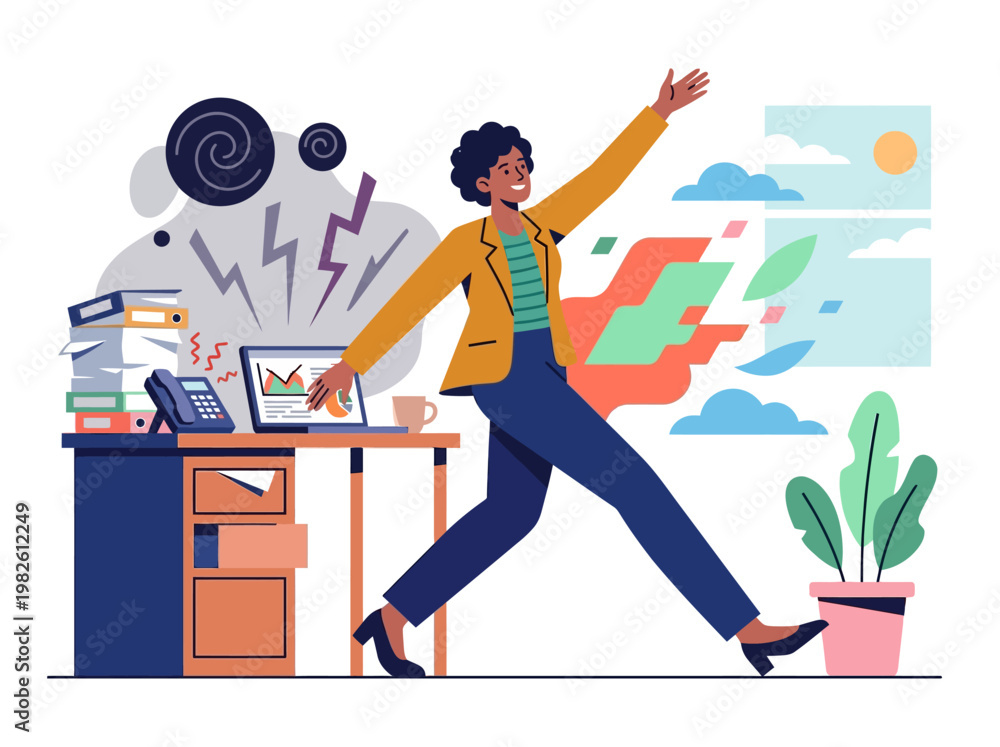 Fototapeta premium Dynamic flat vector illustration of a professional escaping workplace stress and burnout, moving towards freedom and work-life balance.