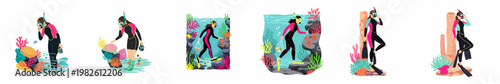 Collection of flat vector illustrations showcasing a female scuba diver exploring vibrant underwater coral reefs, marine life, and coastal ecosystems.